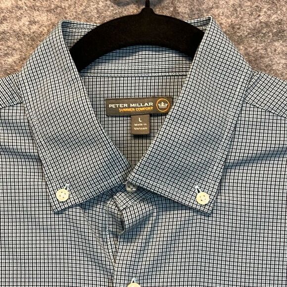 PETER MILLAR Summer Comfort Button Down Shirt Men's Large Blue Black Micro Plaid - Picture 4 of 14